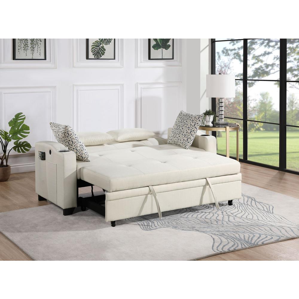 71″W Beige Fabric Convertible Sleeper Loveseat with USB Charger