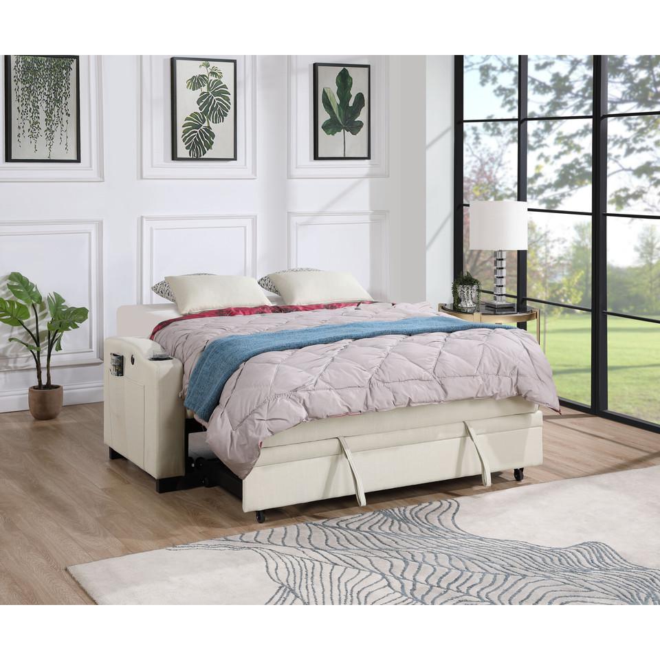 71″W Beige Fabric Convertible Sleeper Loveseat with USB Charger
