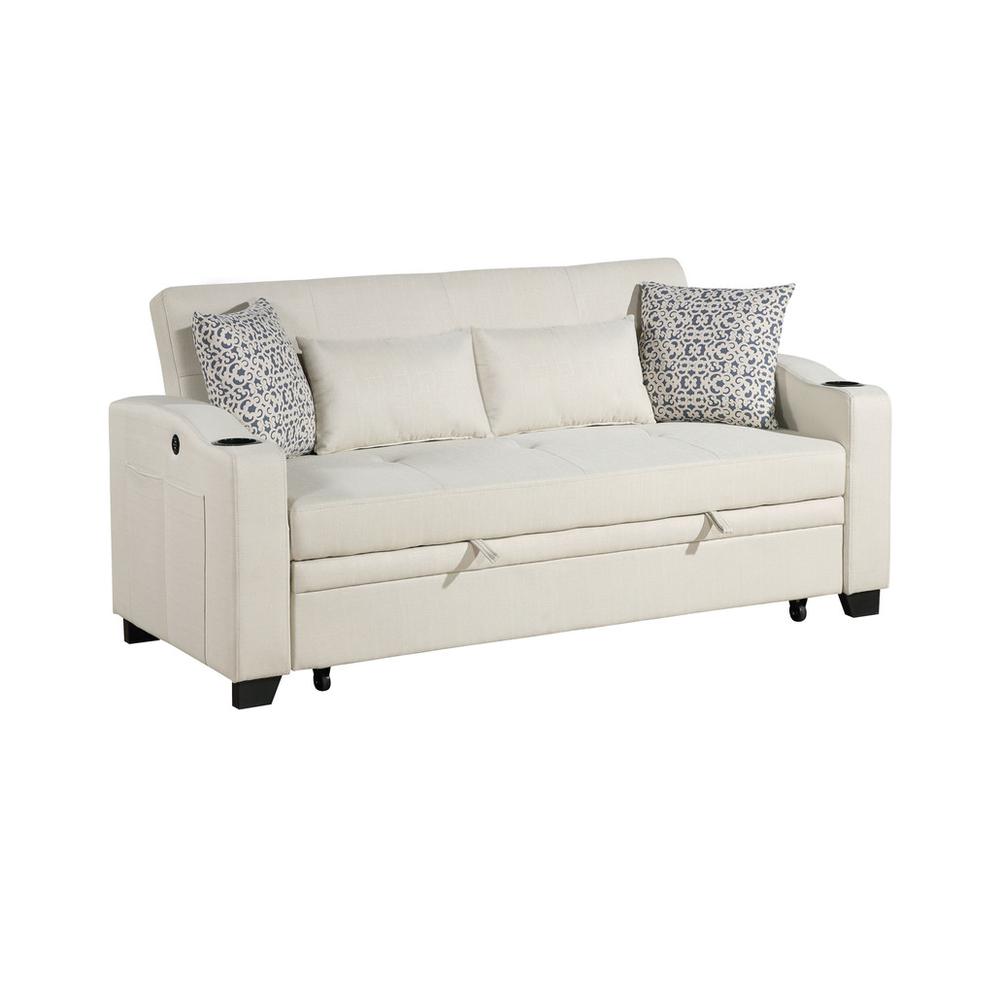 71″W Beige Fabric Convertible Sleeper Loveseat with USB Charger
