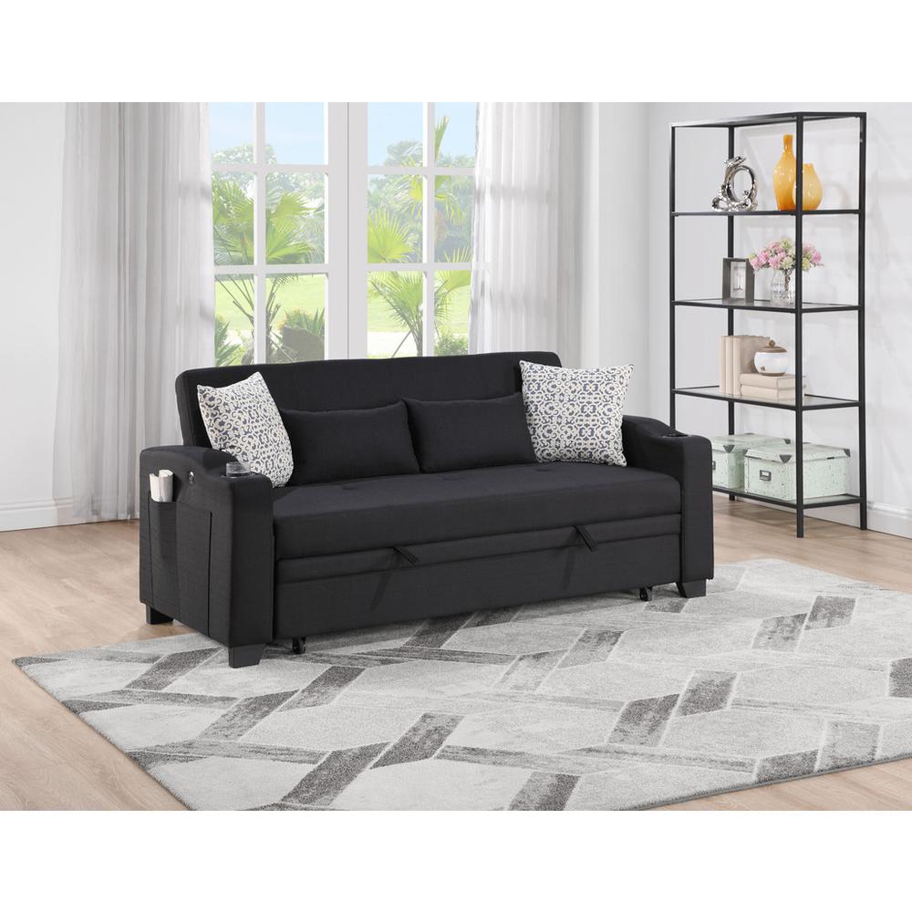 71″W Black Fabric Convertible Sleeper Loveseat with USB Charger and Cupholders