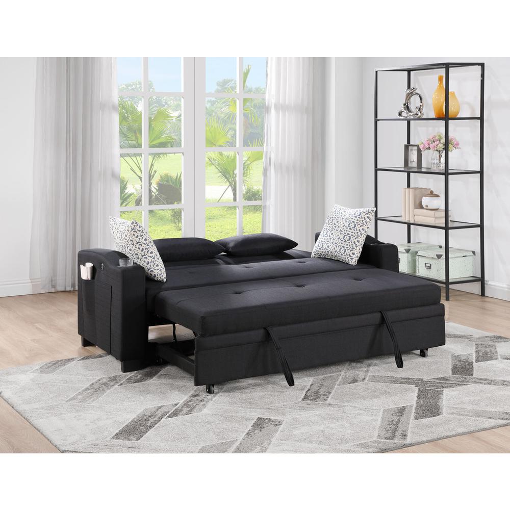 71″W Black Fabric Convertible Sleeper Loveseat with USB Charger and Cupholders