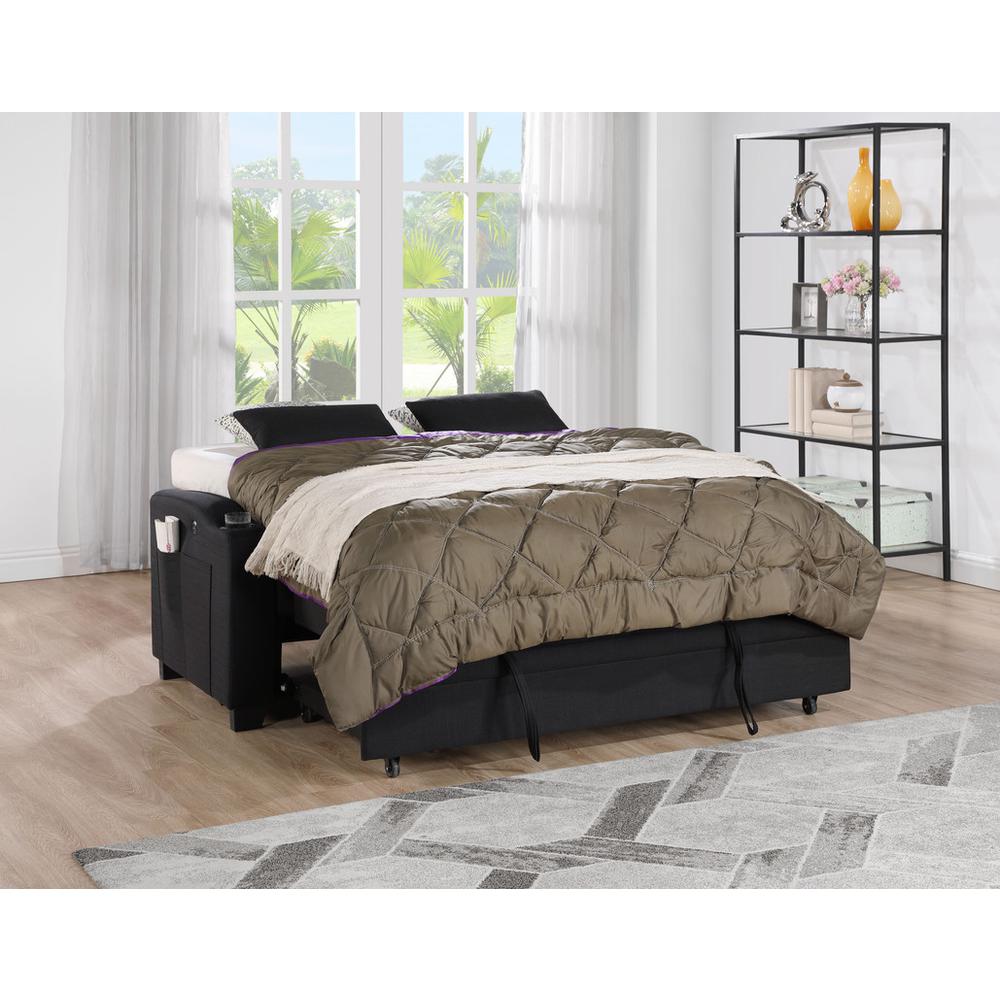 71″W Black Fabric Convertible Sleeper Loveseat with USB Charger and Cupholders