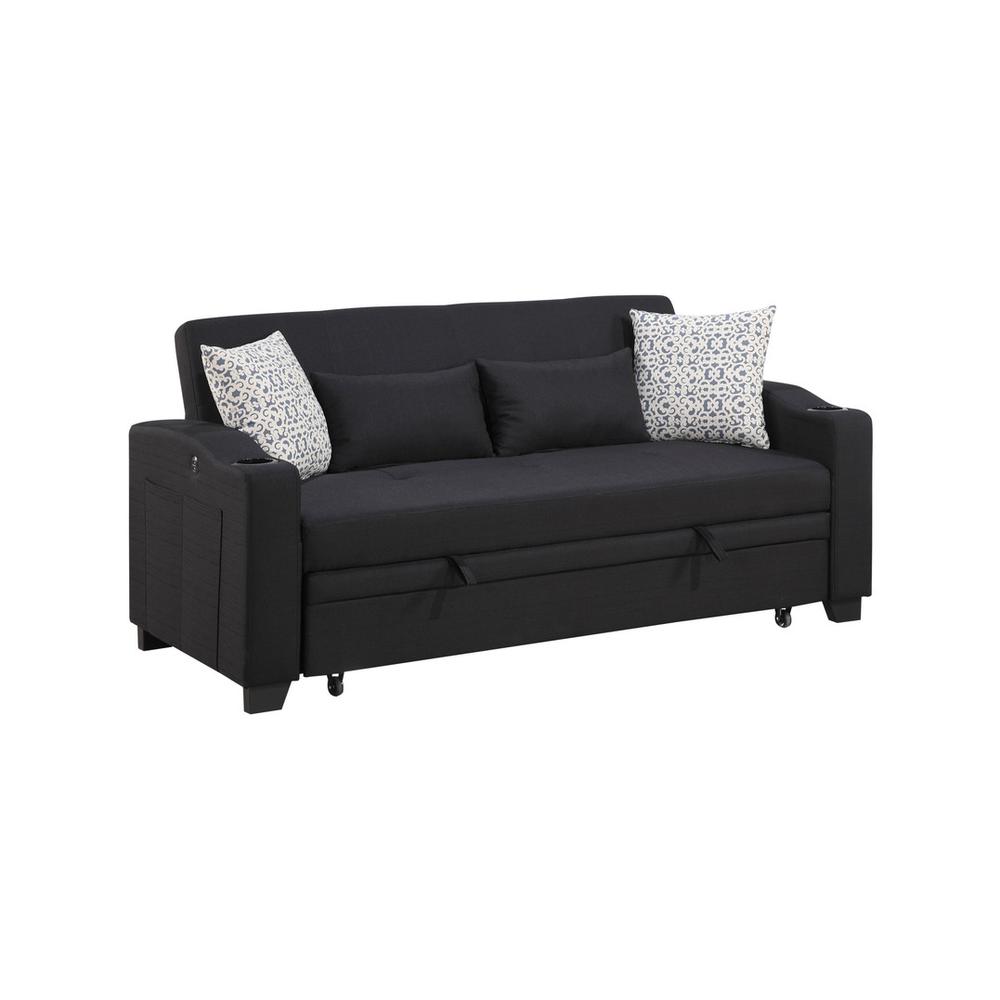 71″W Black Fabric Convertible Sleeper Loveseat with USB Charger and Cupholders