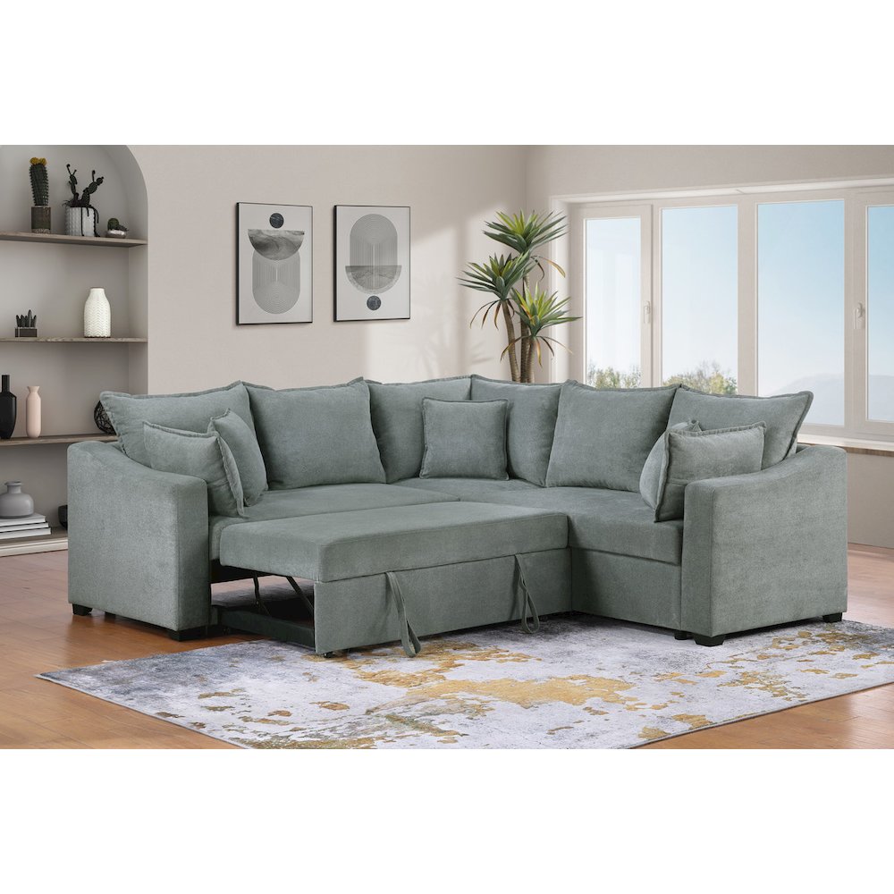 Allen 92″W Gray Woven Fabric Sleeper Sectional Sofa with Throw Pillows