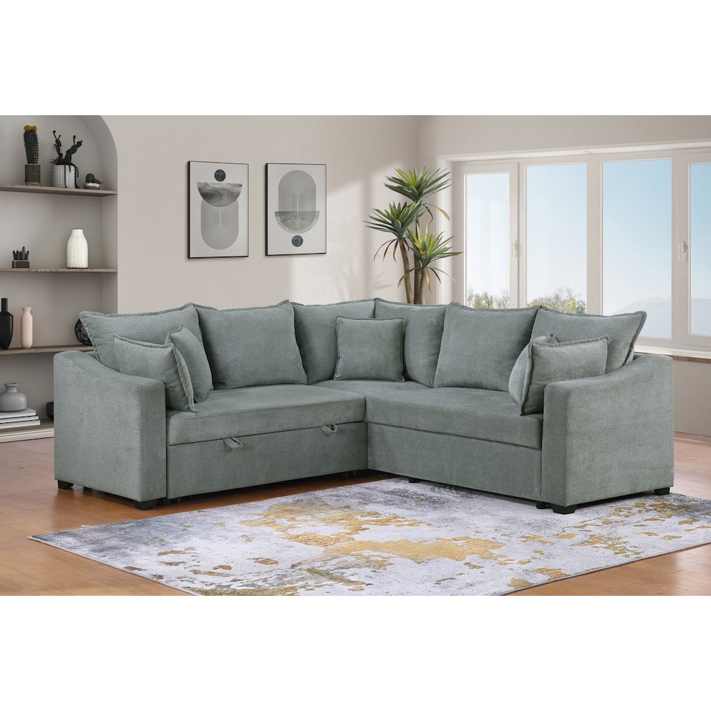 Allen 92″W Gray Woven Fabric Sleeper Sectional Sofa with Throw Pillows