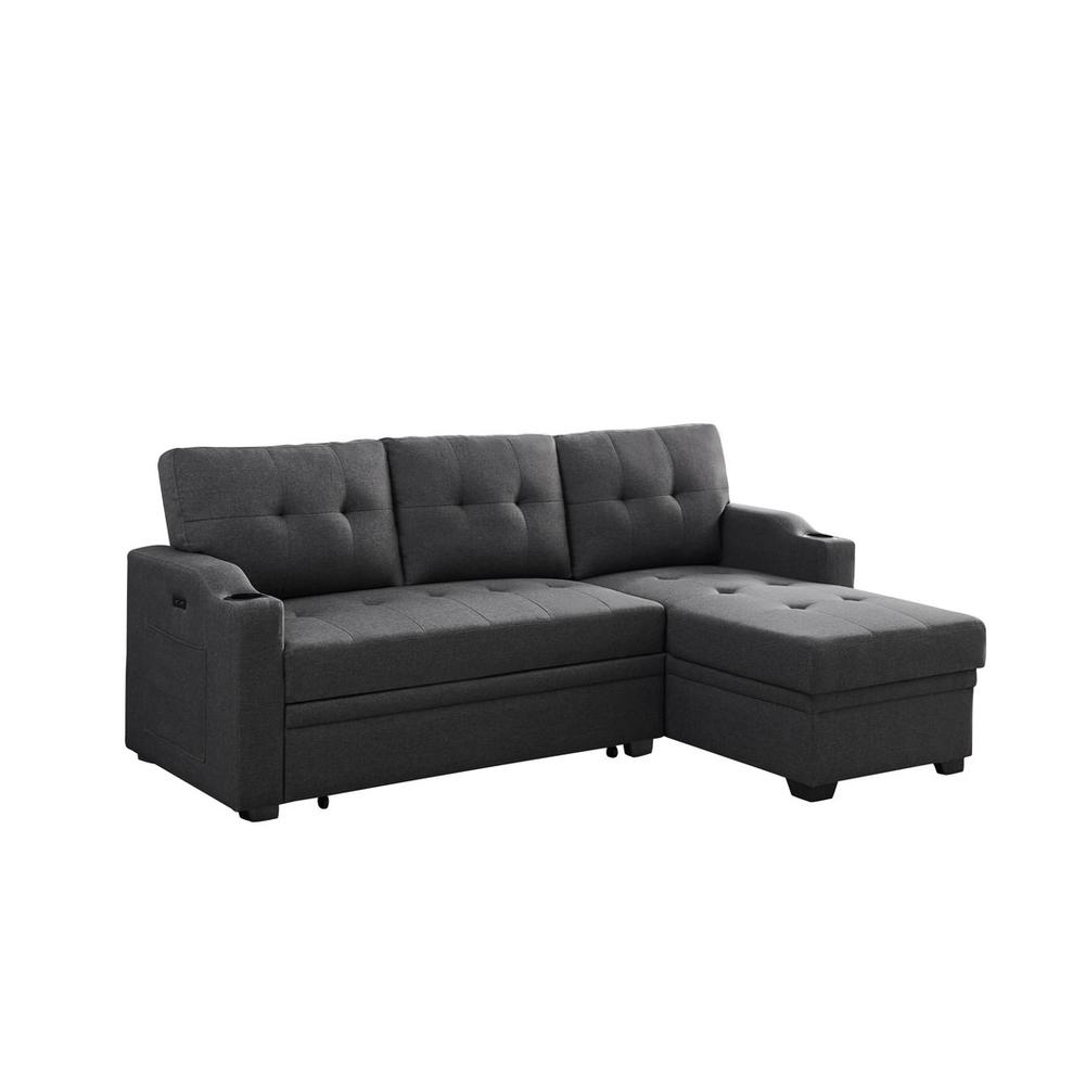 Mabel Dark Gray Linen Fabric Sleeper Sectional with cupholder