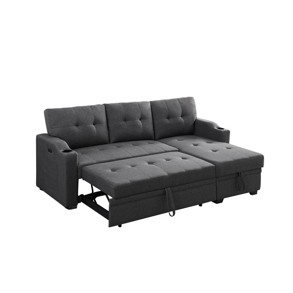 Mabel Dark Gray Linen Fabric Sleeper Sectional with cupholder