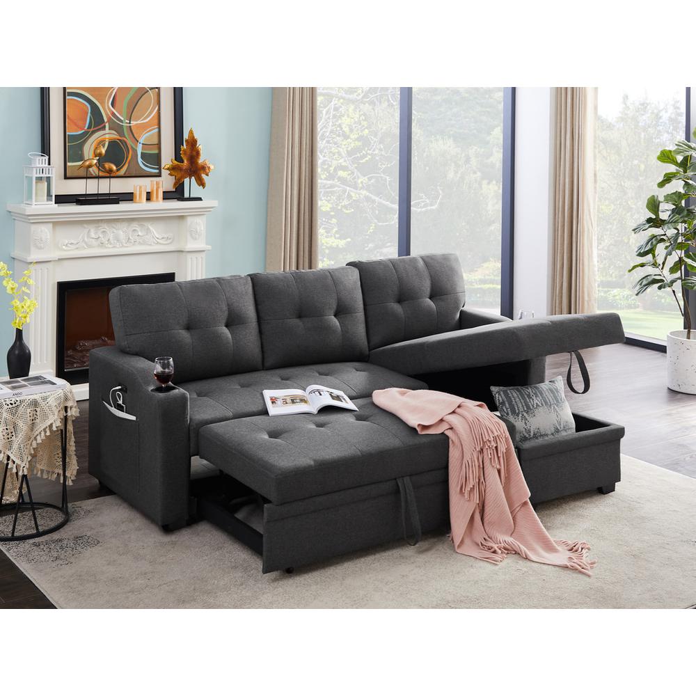 Mabel Dark Gray Linen Fabric Sleeper Sectional with cupholder