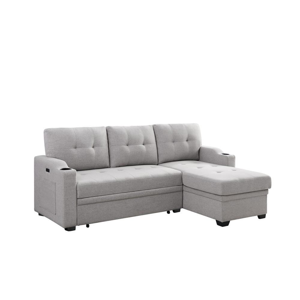 Mabel Light Gray Linen Fabric Sleeper Sectional with cupholder