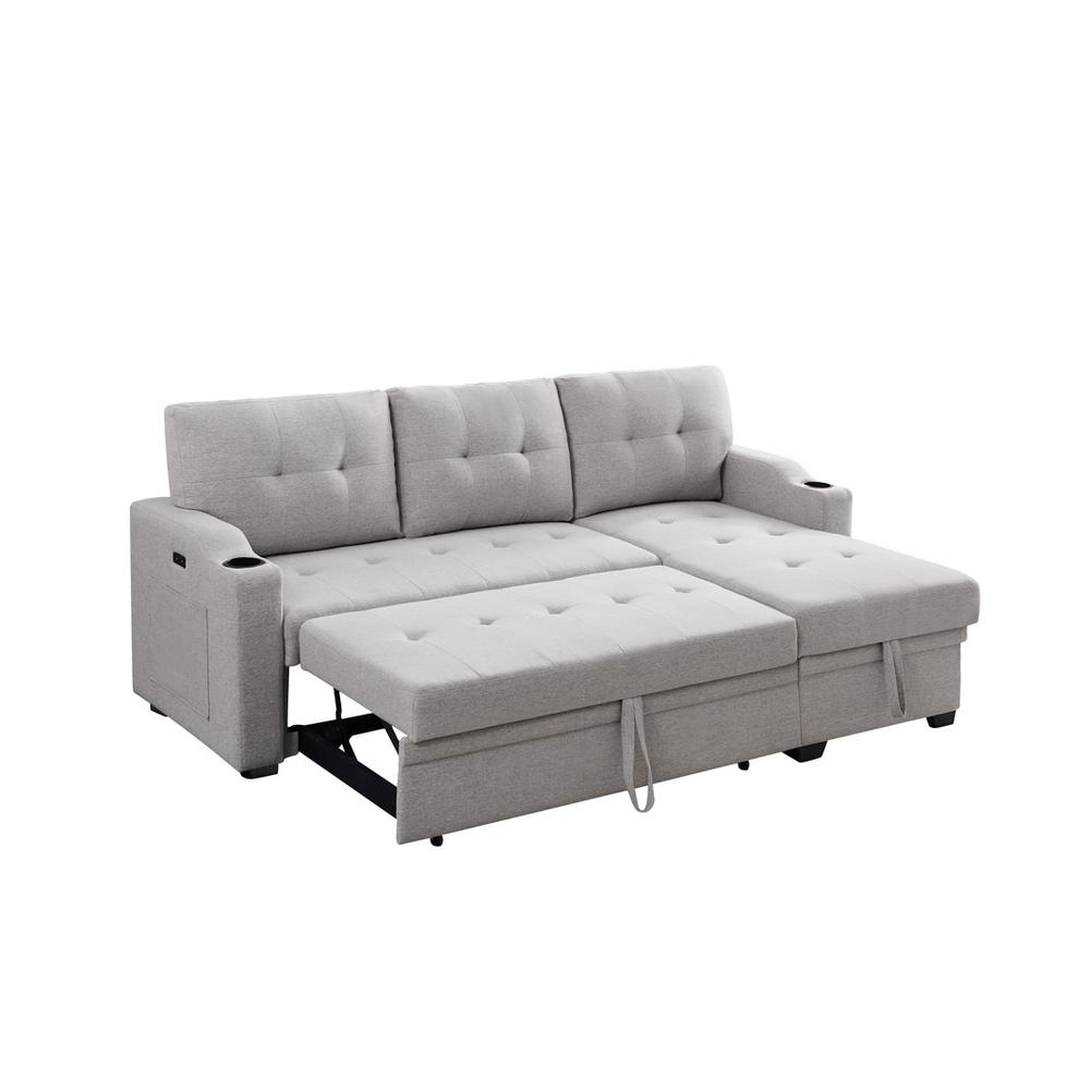 Mabel Light Gray Linen Fabric Sleeper Sectional with cupholder