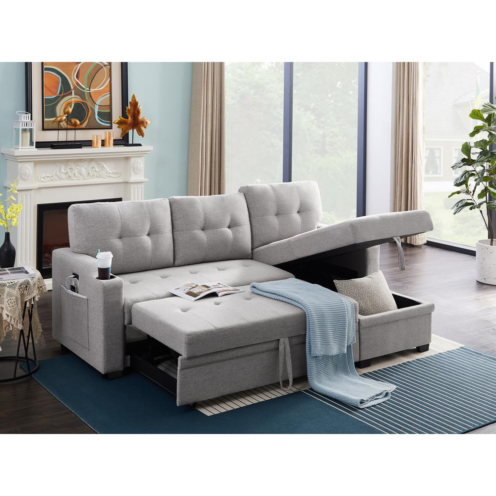 Mabel Light Gray Linen Fabric Sleeper Sectional with cupholder