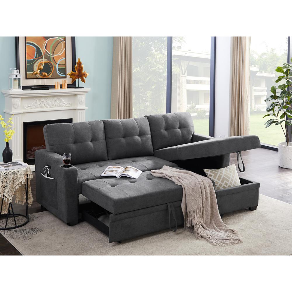 Mabel Dark Gray Woven Fabric Sleeper Sectional with cupholder