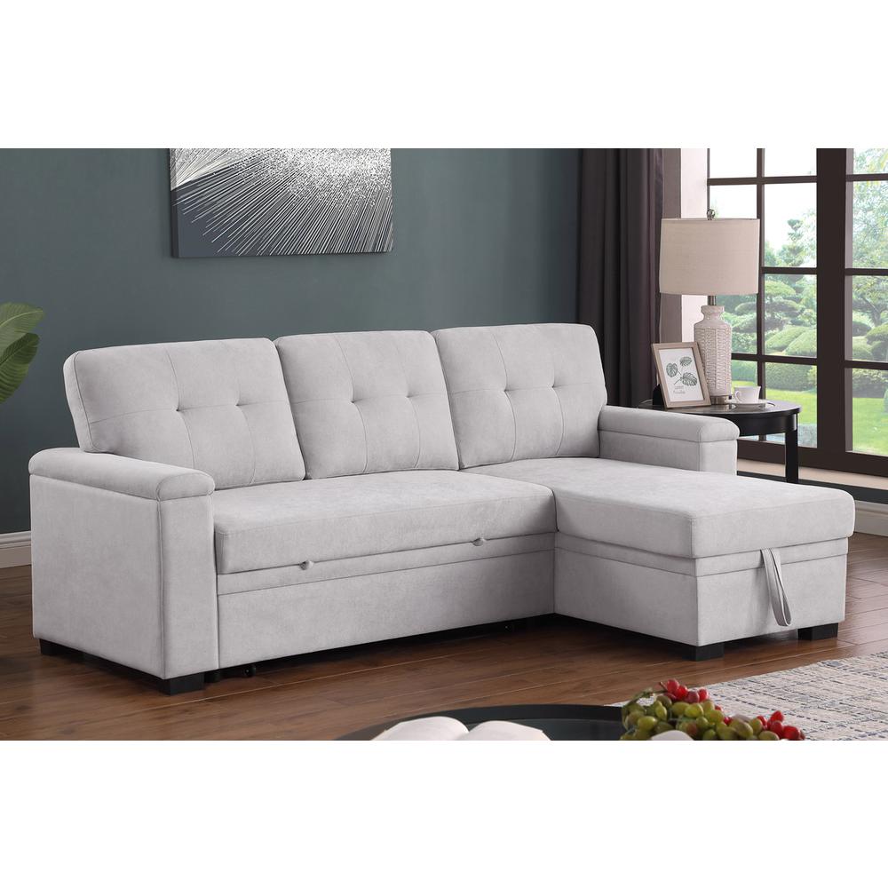 84.5″W Light Gray Woven Fabric Reversible Sleeper Sectional Sofa