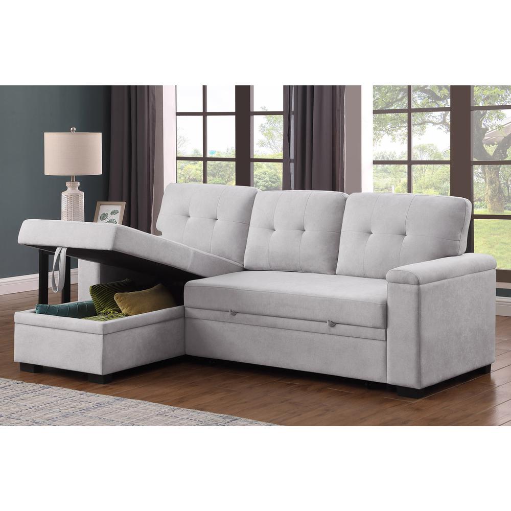 84.5″W Light Gray Woven Fabric Reversible Sleeper Sectional Sofa