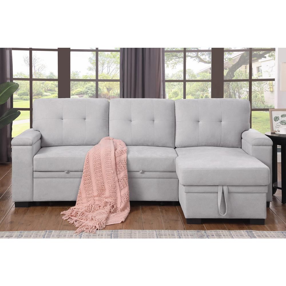 84.5″W Light Gray Woven Fabric Reversible Sleeper Sectional Sofa