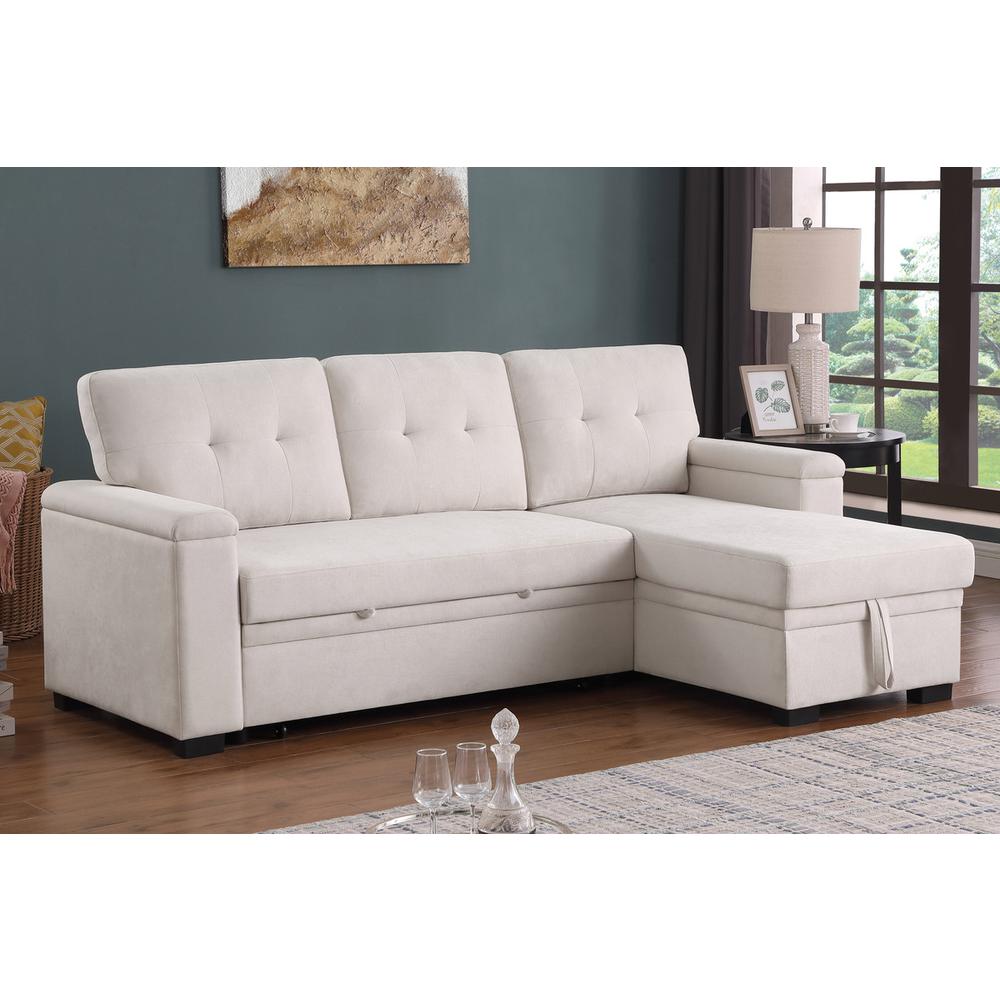 84.5″W Beige Woven Fabric Reversible Sleeper Sectional Sofa