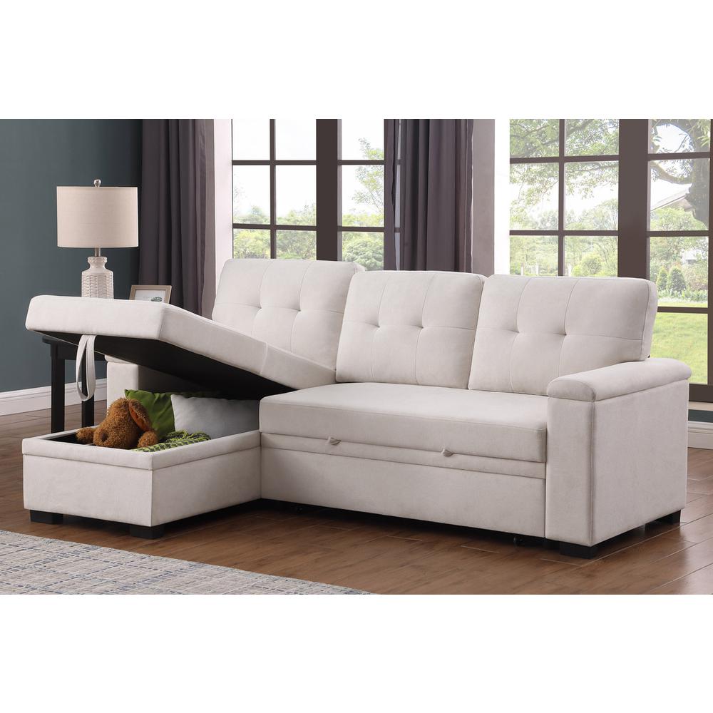 84.5″W Beige Woven Fabric Reversible Sleeper Sectional Sofa