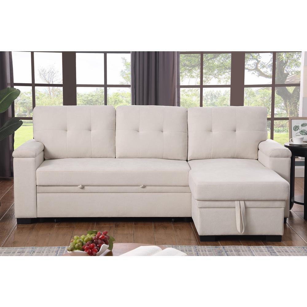 84.5″W Beige Woven Fabric Reversible Sleeper Sectional Sofa