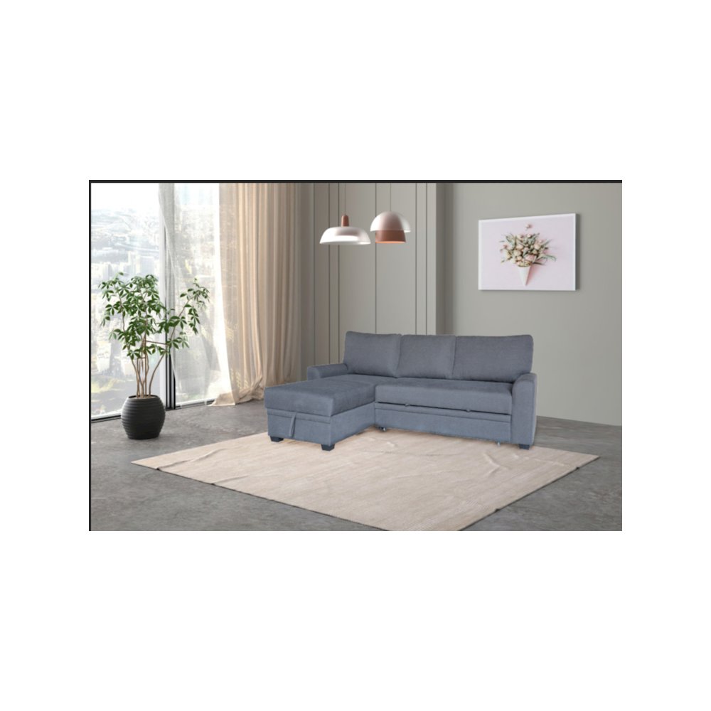 90.5″W Gray Flannel Fabric Sleeper Sectional with Left-Facing Storage Chaise