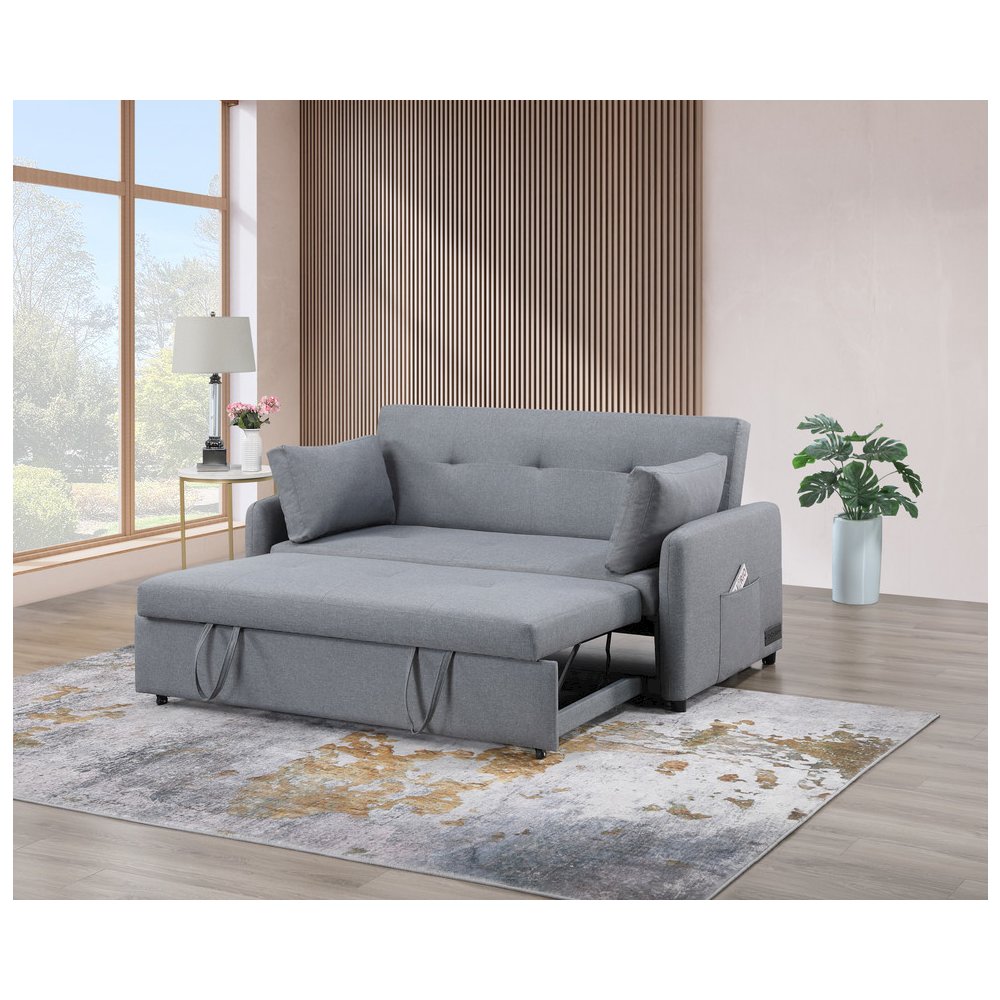 Radella 69″W Gray Linen Convertible Sleeper Loveseat with USB Ports