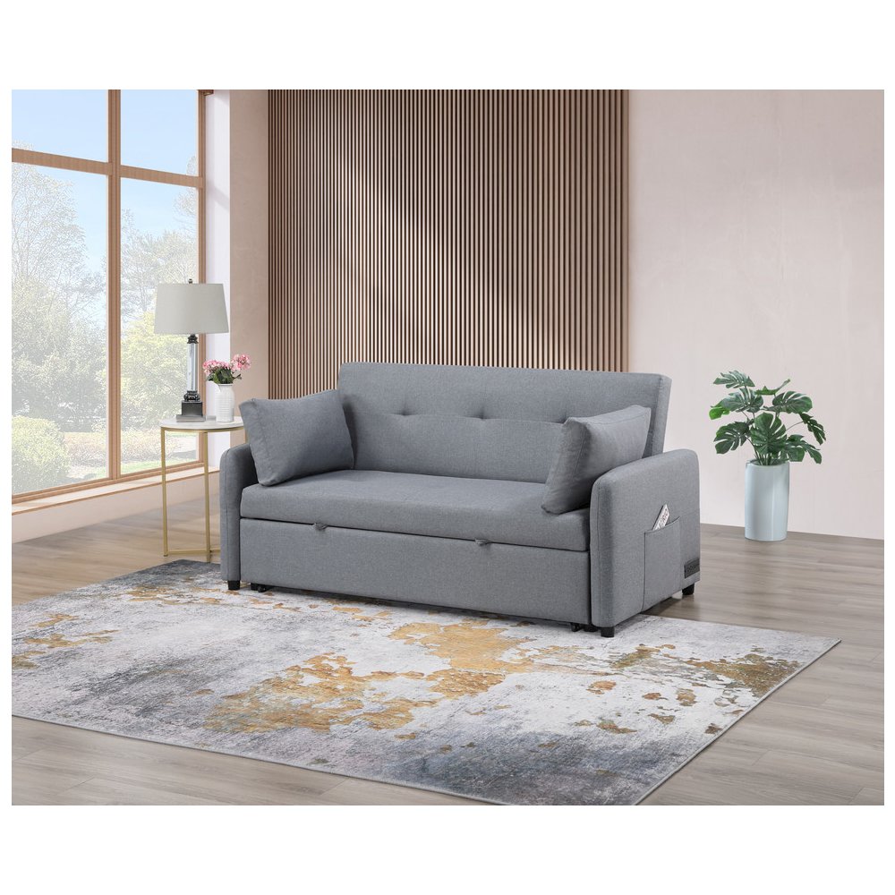 Radella 69″W Gray Linen Convertible Sleeper Loveseat with USB Ports