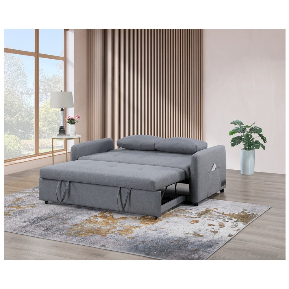Radella 69″W Gray Linen Convertible Sleeper Loveseat with USB Ports