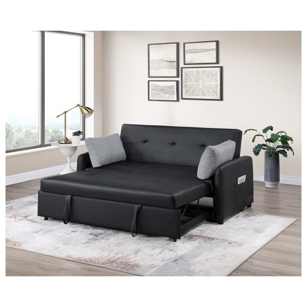 Radella 69″W Black PU Leather Convertible Sleeper Loveseat with USB Ports