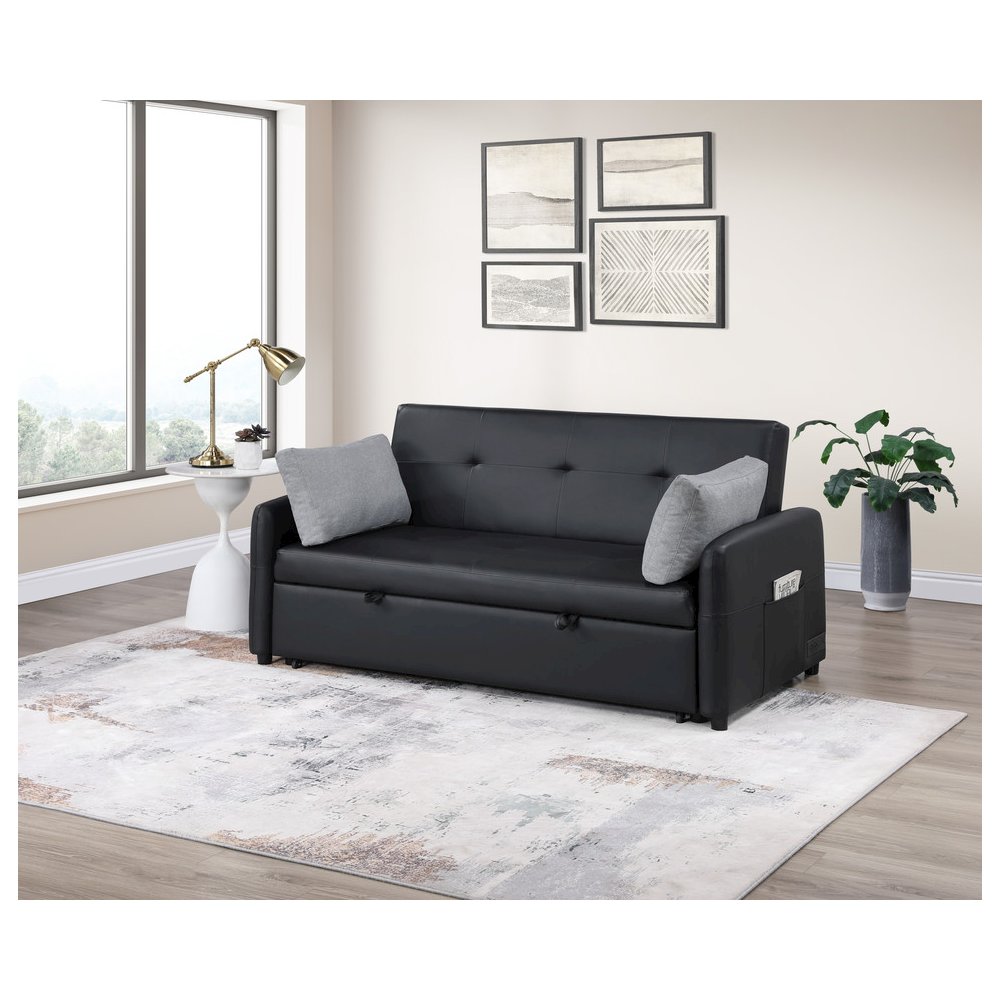 Radella 69″W Black PU Leather Convertible Sleeper Loveseat with USB Ports