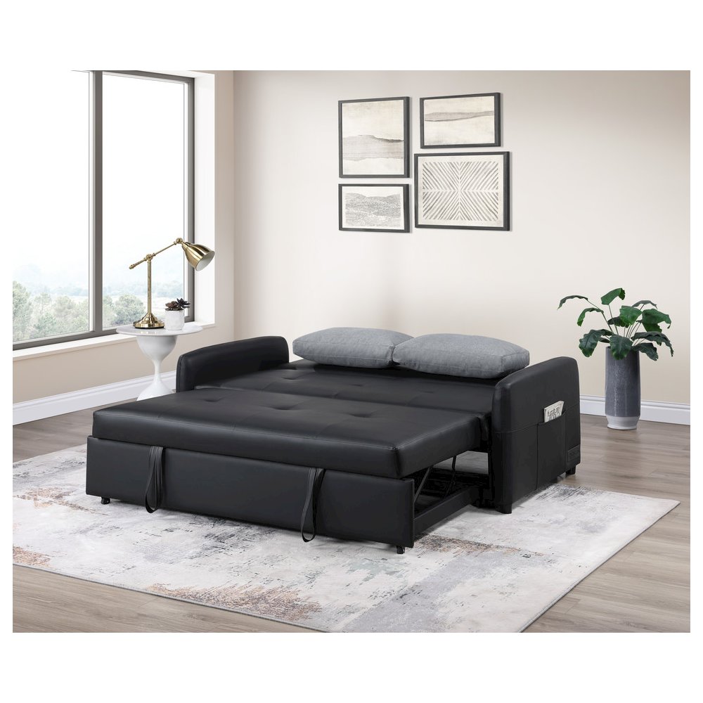 Radella 69″W Black PU Leather Convertible Sleeper Loveseat with USB Ports
