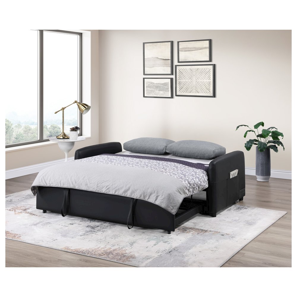 Radella 69″W Black PU Leather Convertible Sleeper Loveseat with USB Ports