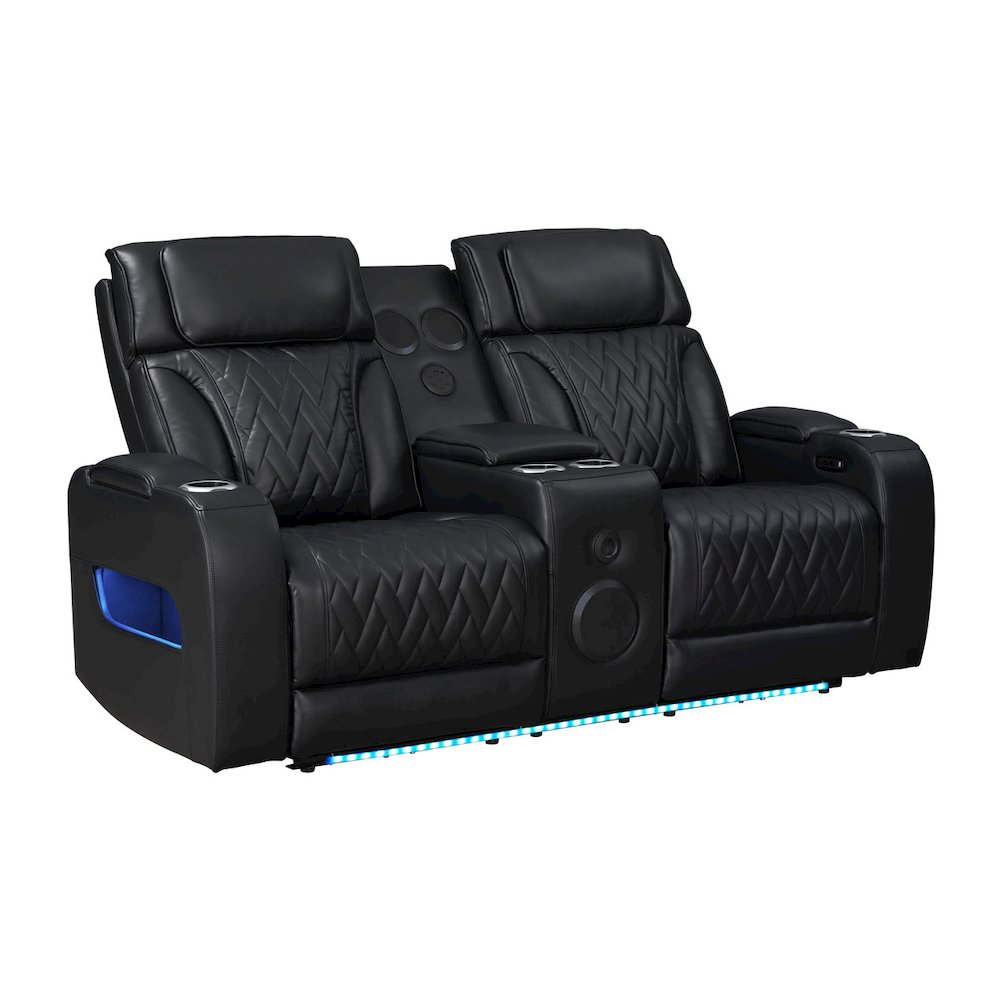 74″W Black Leather Aire Transformer Power Reclining Loveseat with Power Headrest