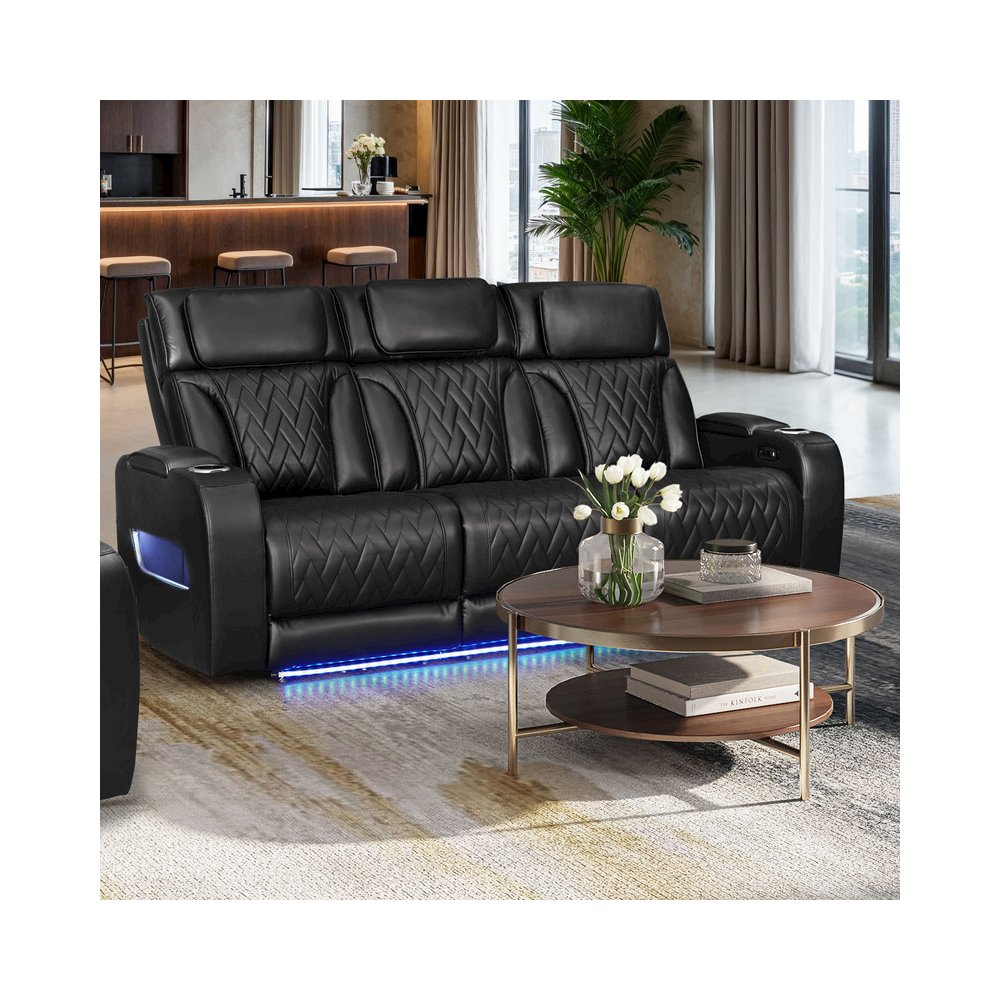 84″W Black Leather Aire Transformer Power Reclining Sofa with Power Headrest
