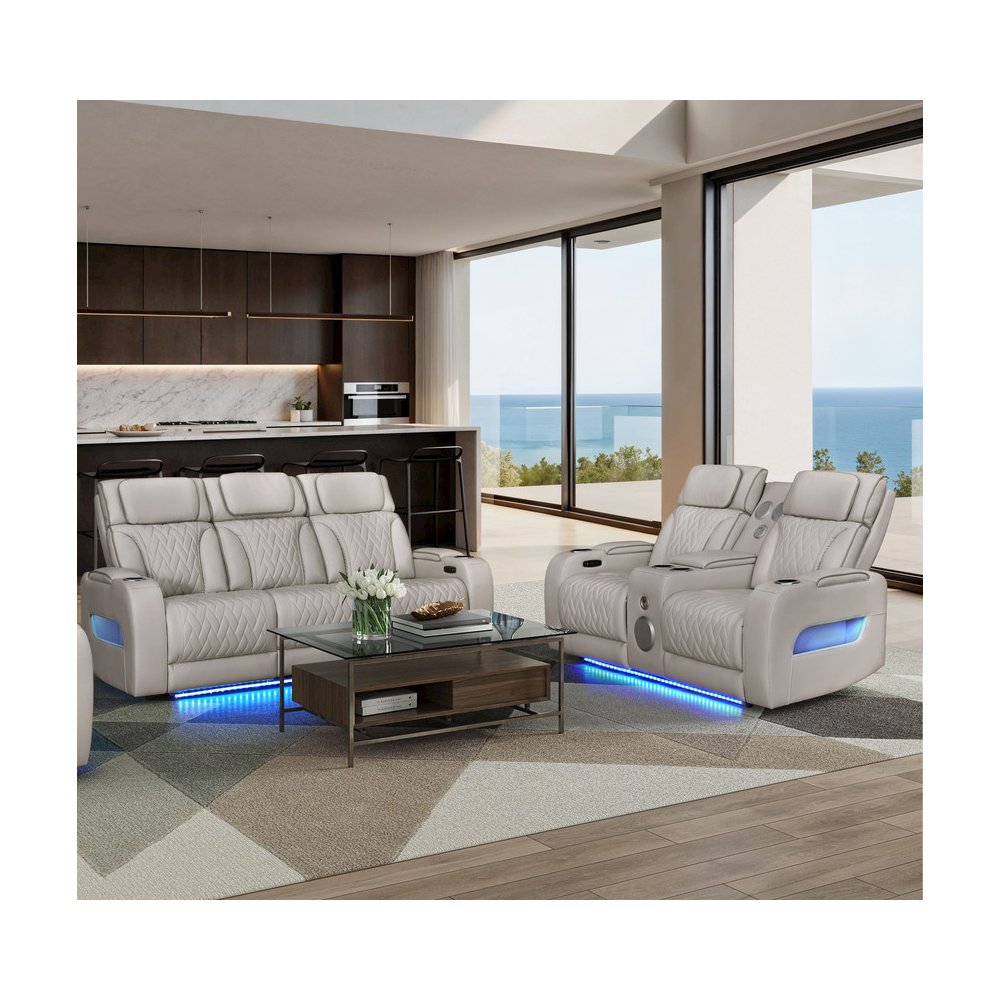 Ice Leather Aire Transformer Power Reclining Sofa & Loveseat Living Room Set