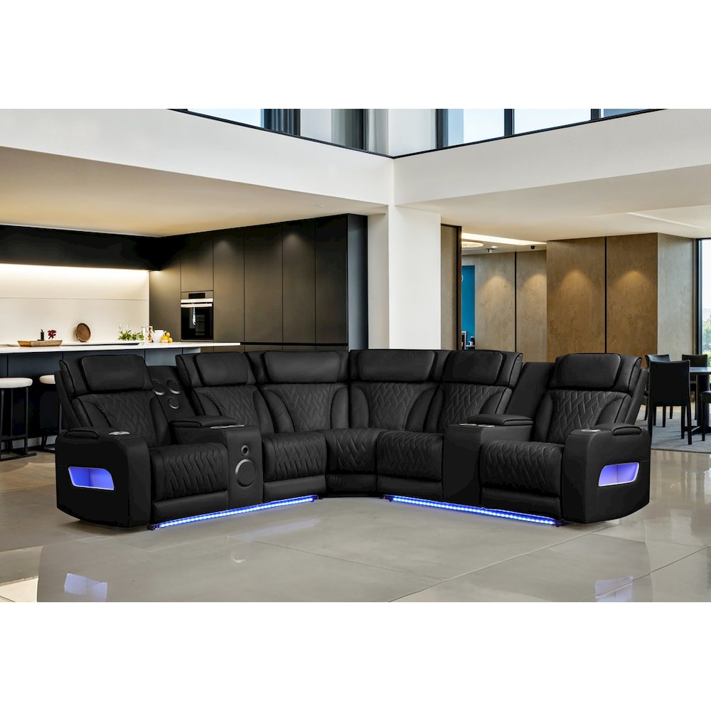 Jazz 117″W Black Leather Aire Transformer Power Reclining Sectional Sofa