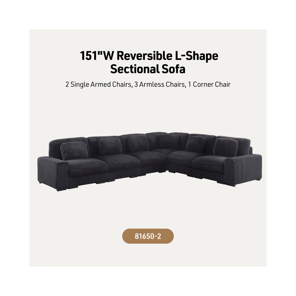 Sloane 151″W Charcoal Corduroy Fabric Reversible L-Shape Modular Sectional Sofa