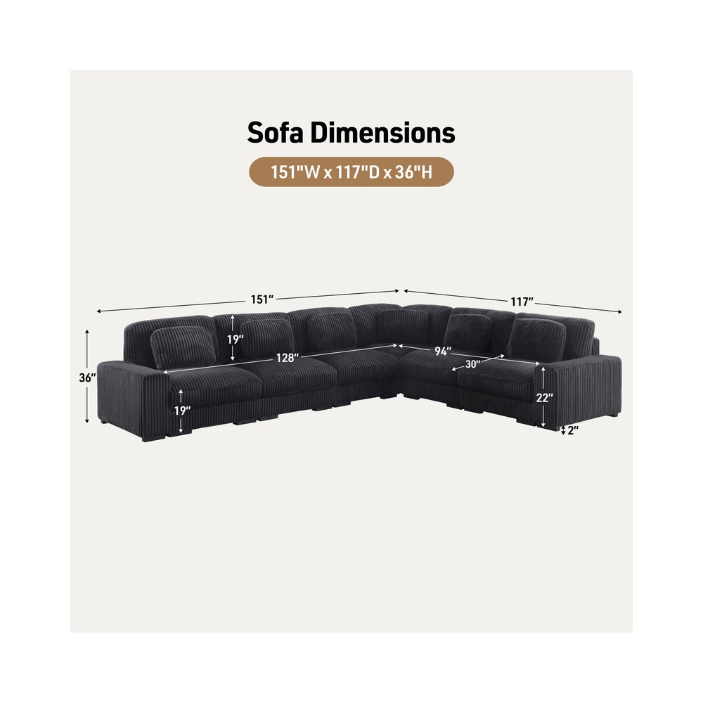 Sloane 151″W Charcoal Corduroy Fabric Reversible L-Shape Modular Sectional Sofa