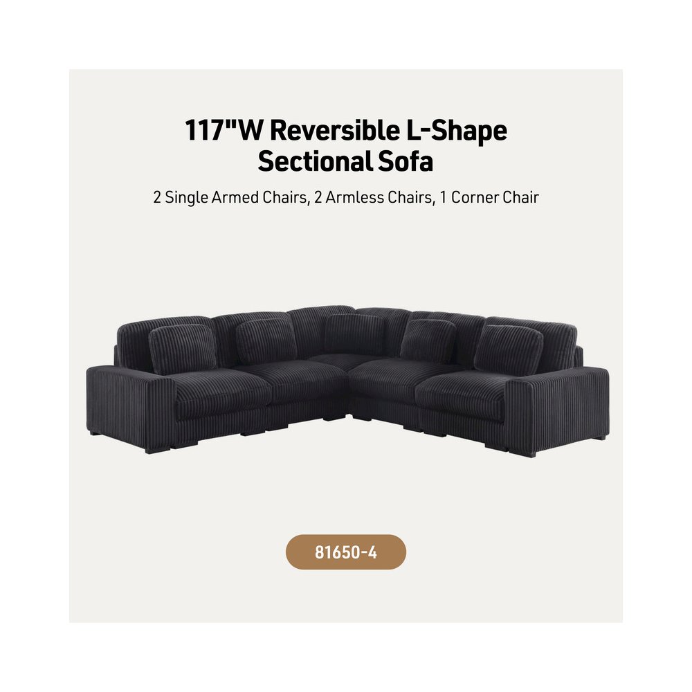 Sloane 117″W Charcoal Corduroy Fabric Reversible L-Shape Modular Sectional Sofa