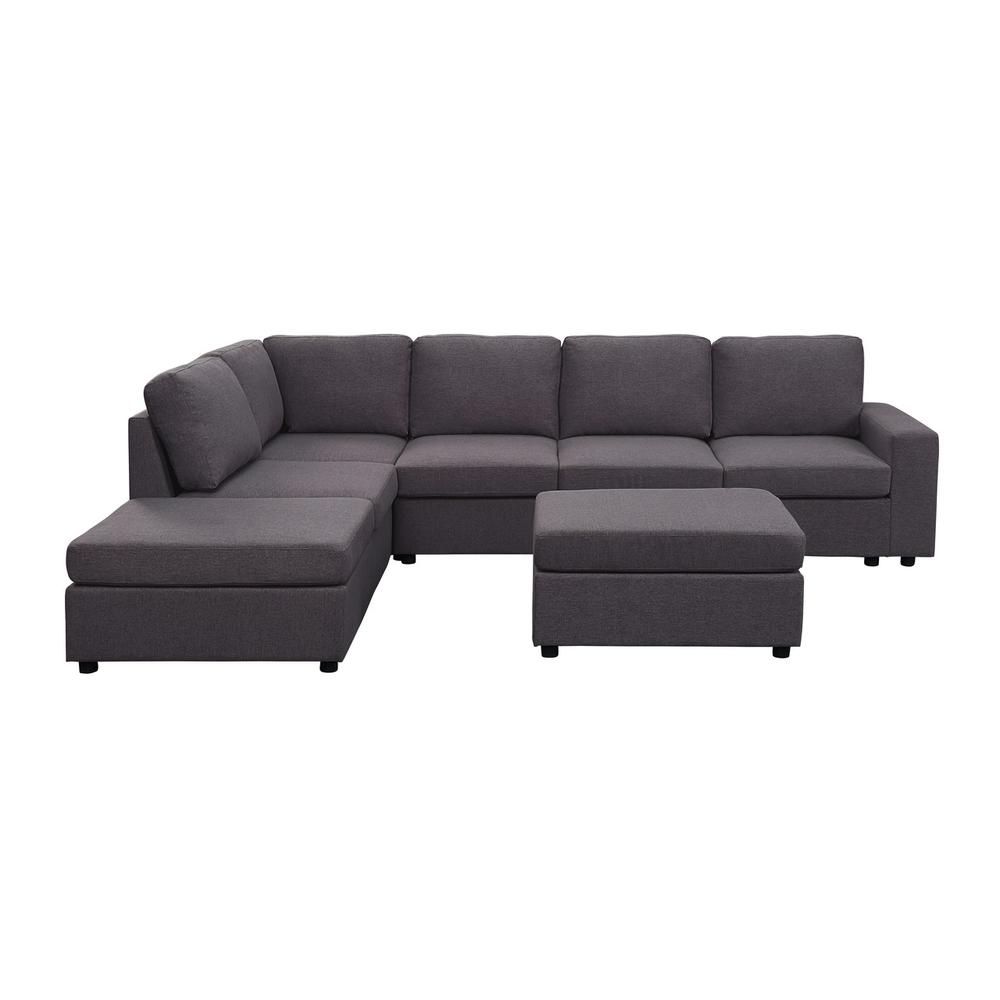 LILOLA Cassia Modular Sectional Sofa with Ottoman in Dark Gray Linen