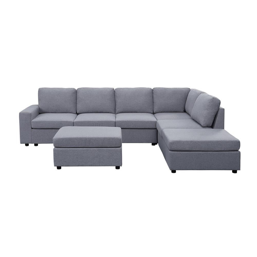 Marley Light Gray Linen 7 Seat Reversible Modular Sectional Sofa with Ottoman