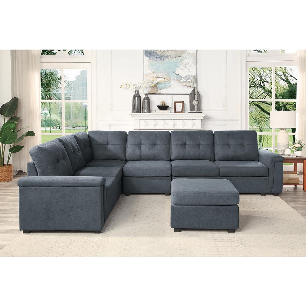 Isla Gray Woven Fabric – 7-Seater Sectional Sofa with Ottoman