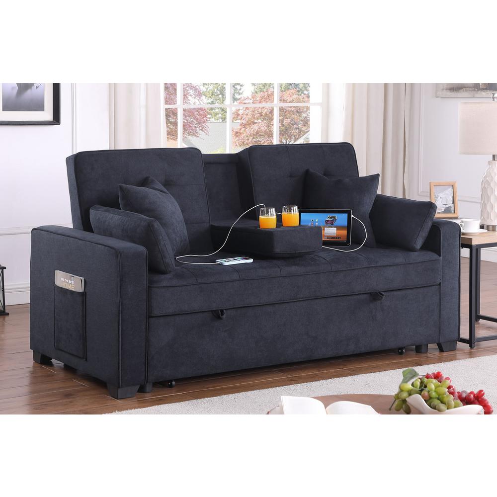 69.5″W Dark Gray Woven Fabric Convertible Sleeper Loveseat with Cup Holder