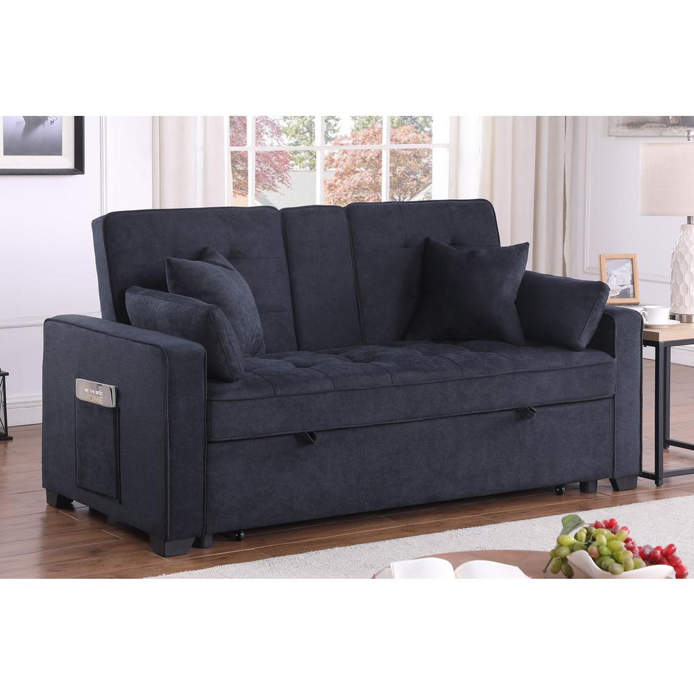 69.5″W Dark Gray Woven Fabric Convertible Sleeper Loveseat with Cup Holder