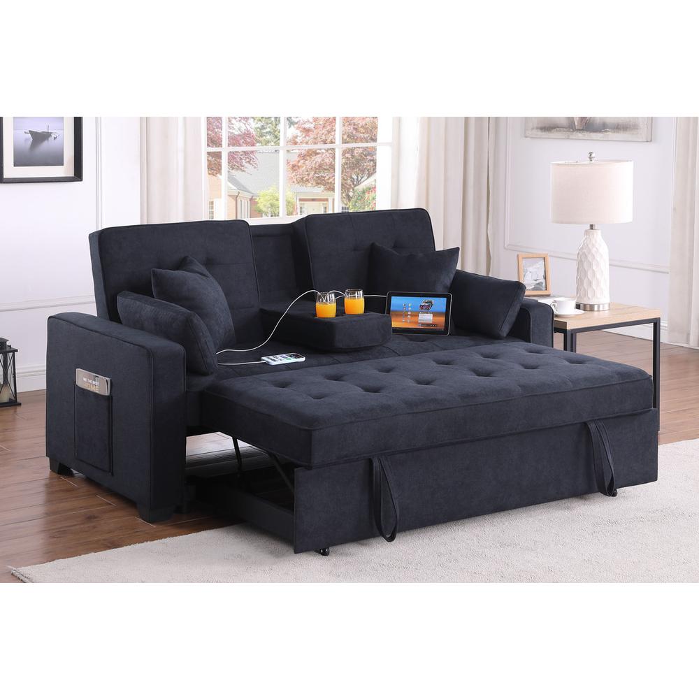 69.5″W Dark Gray Woven Fabric Convertible Sleeper Loveseat with Cup Holder