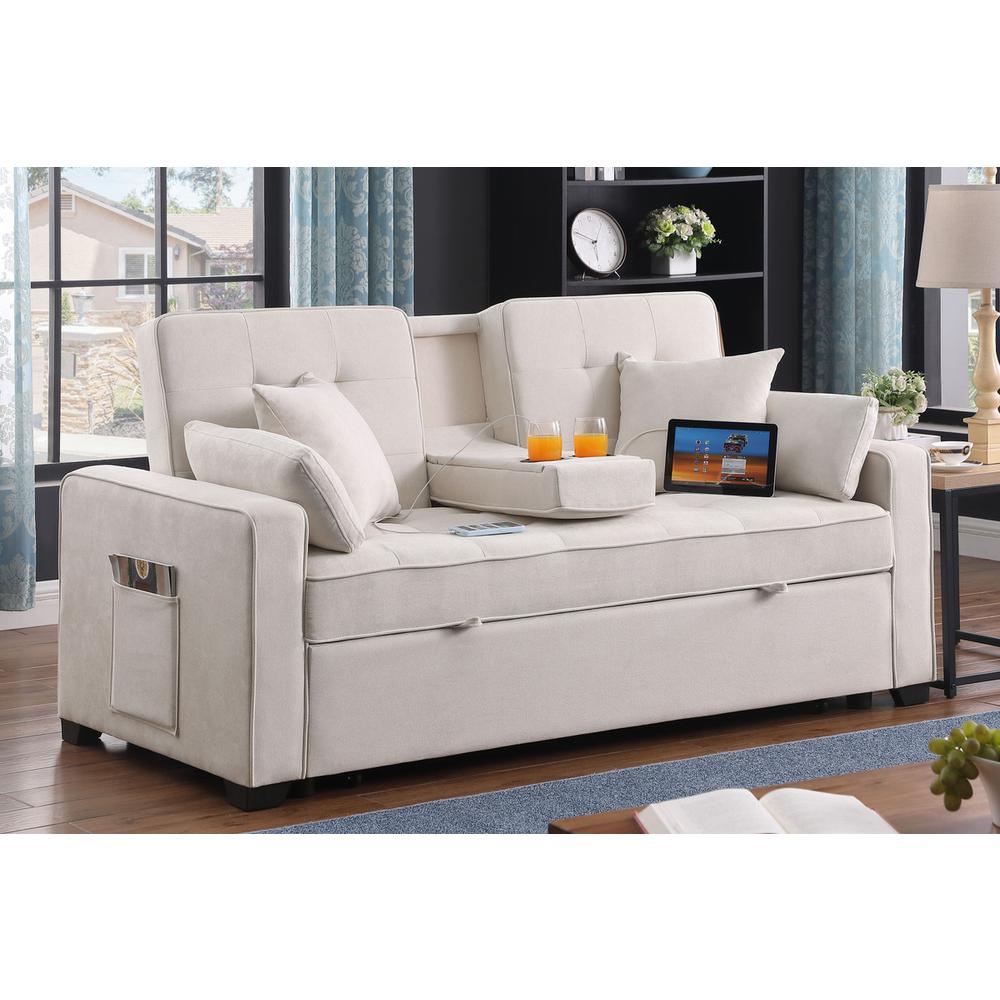 69.5″W Beige Woven Fabric Convertible Sleeper Loveseat with Cup Holder