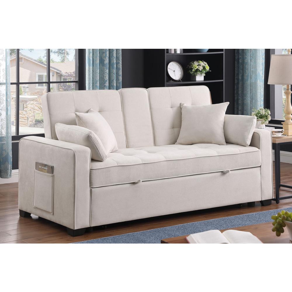 69.5″W Beige Woven Fabric Convertible Sleeper Loveseat with Cup Holder