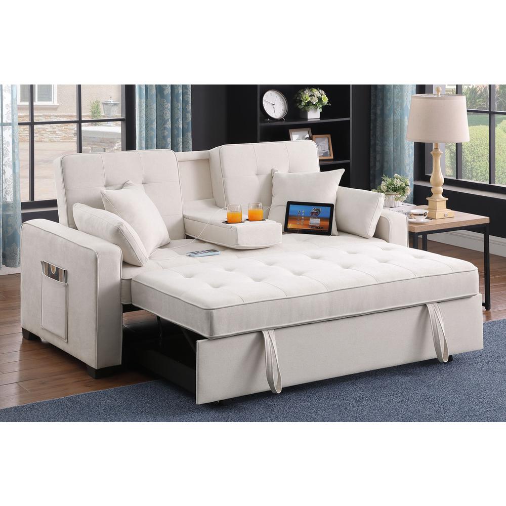 69.5″W Beige Woven Fabric Convertible Sleeper Loveseat with Cup Holder