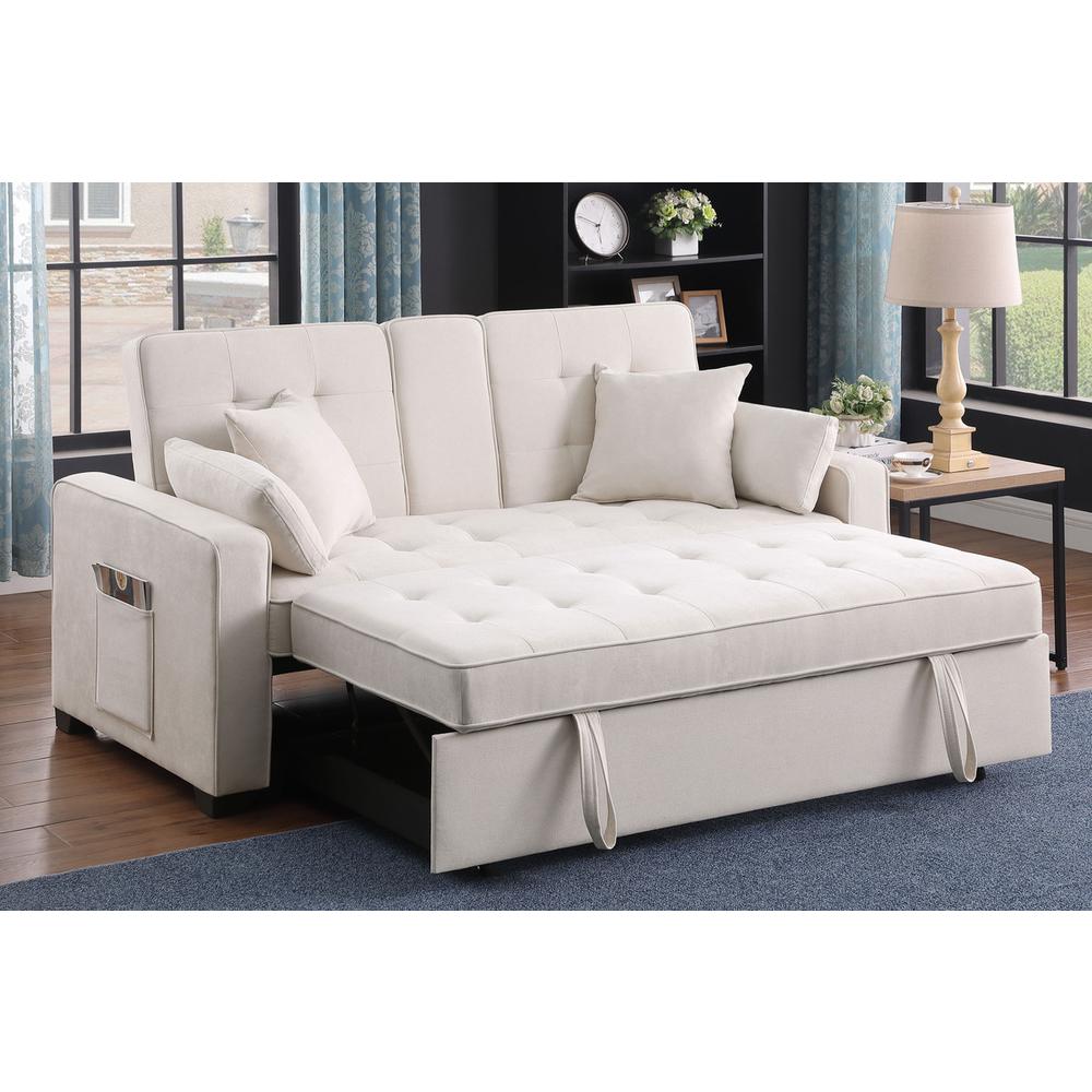 69.5″W Beige Woven Fabric Convertible Sleeper Loveseat with Cup Holder