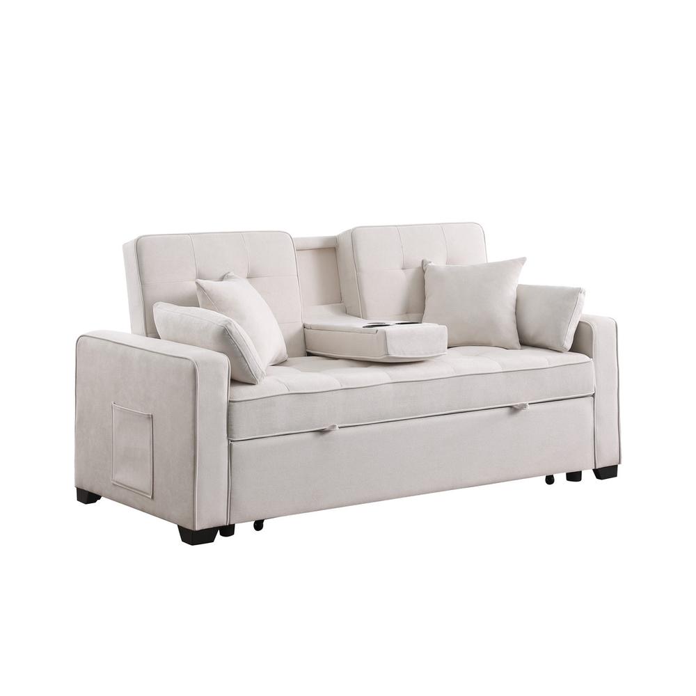 69.5″W Beige Woven Fabric Convertible Sleeper Loveseat with Cup Holder