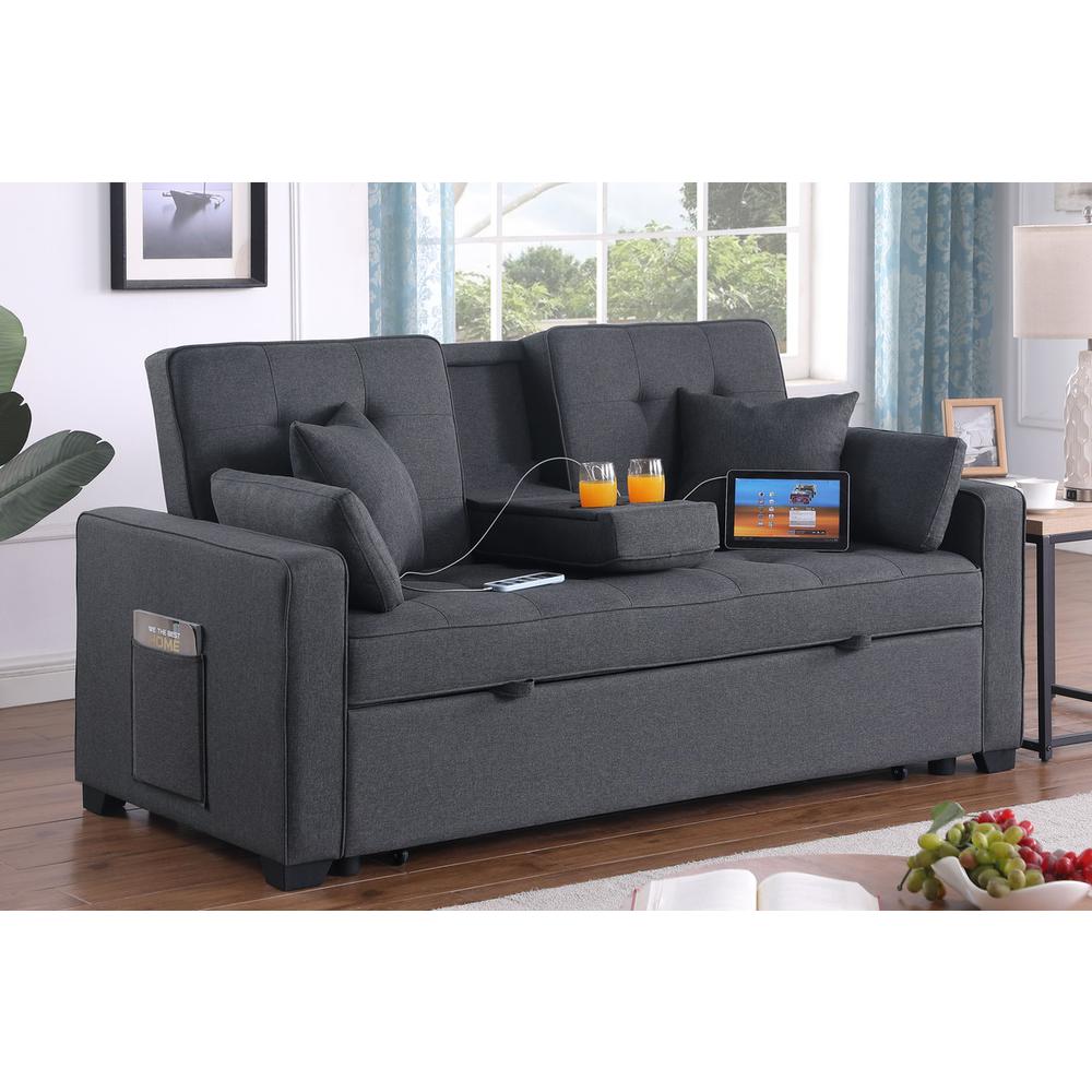 69.5″W Dark Gray Linen Convertible Sleeper Loveseat with Cup Holder