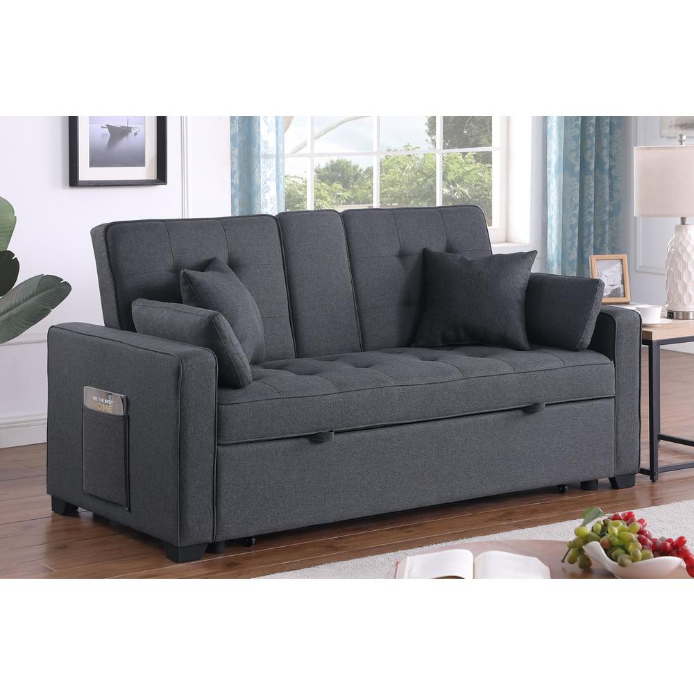 69.5″W Dark Gray Linen Convertible Sleeper Loveseat with Cup Holder
